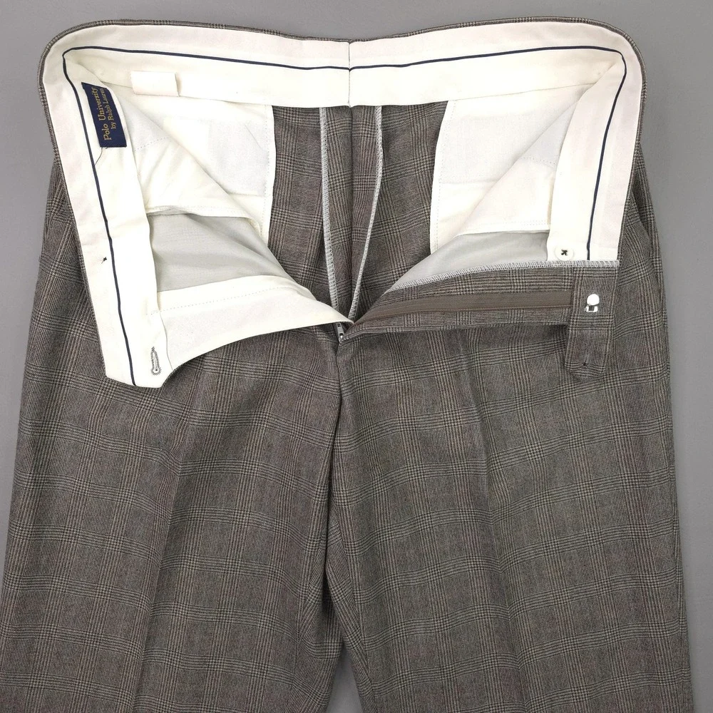 Polo University Pants Mens 35x32 Gray Wool Glen Plaid Pleated Cuffed Trousers